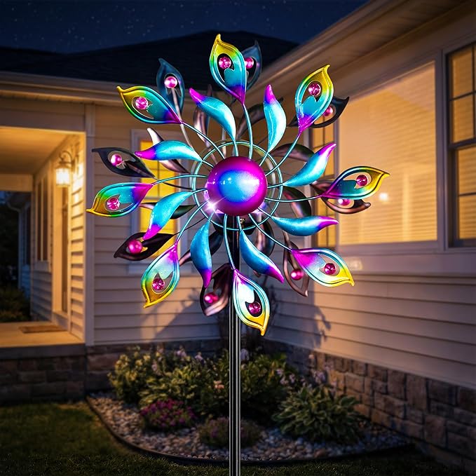 52'' Solar Wind Spinner Outdoor Metal - Kinetic Garden Wind Sculptures with Multi-Color Changing LED Glass Ball, Peacock Tail Design Yard Art Stake Decor for Patio, Lawn, Pathway Decoration