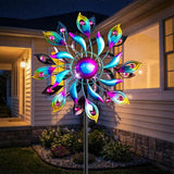 52'' Solar Wind Spinner Outdoor Metal - Kinetic Garden Wind Sculptures with Multi-Color Changing LED Glass Ball, Peacock Tail Design Yard Art Stake Decor for Patio, Lawn, Pathway Decoration