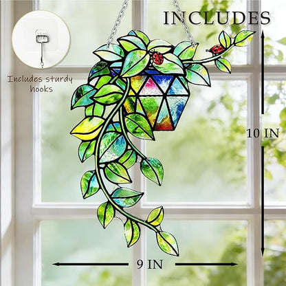 Plant Suncatcher Glass, Stained Glass Suncatcher Plant Window Hanging, Unique Nature Lover Gifts Leaf Idea
