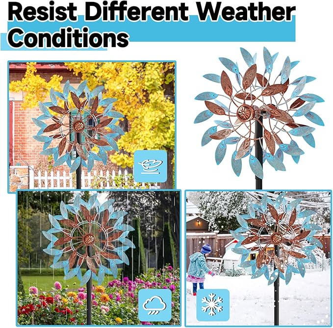 Metal Wind Spinners Outdoor, Kinetic Garden Wndmills,Yard Art Windmill with Metal Stake,Vintage Wind Sculptures & Spinners,Waterproof Pinwheels Large Wind Mill for Patio Lawn Yard Garden(Blue+Brown)