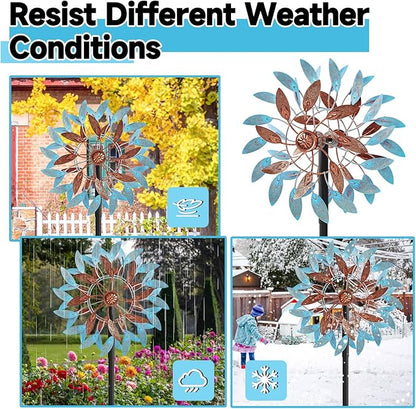 Metal Wind Spinners Outdoor, Kinetic Garden Wndmills,Yard Art Windmill with Metal Stake,Vintage Wind Sculptures & Spinners,Waterproof Pinwheels Large Wind Mill for Patio Lawn Yard Garden(Blue+Brown)