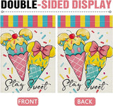 Summer Ice Cream Decorative Garden Flag, Stay Sweet Dessert Sprinkles Burlap Yard Home Decoration, Cute Pink Bow Small Outside Outdoor Decor Double Sided 12 x 18