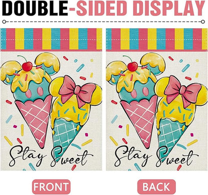 Summer Ice Cream Decorative Garden Flag, Stay Sweet Dessert Sprinkles Burlap Yard Home Decoration, Cute Pink Bow Small Outside Outdoor Decor Double Sided 12 x 18