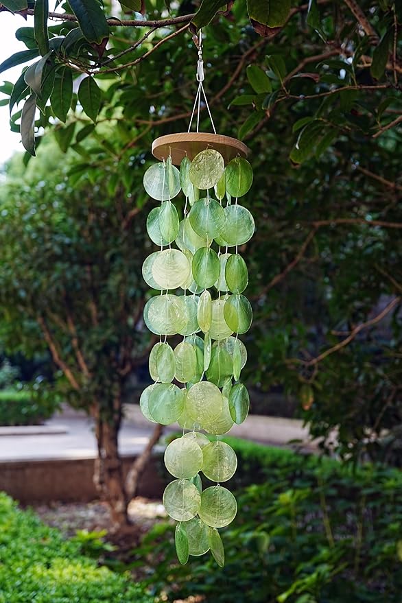 Capiz Shell Wind Chime for Outside 28” Sea Glass Wind Chime Ocean/Beach Themed Chime Gift for Women Mother’s Day Decoration Green