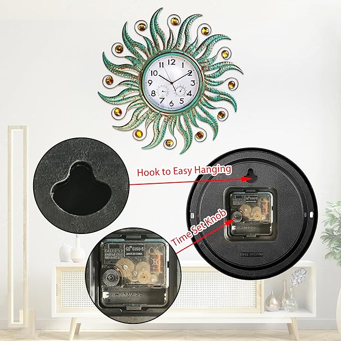 COOZZUHOUR 25 Inch Metal Sun Outdoor Shaped-Clock with Thermometer and Hygrometer Combo, Battery-Powered 10-inch Waterproof Dial and Silent Quartz Movement for Home Decorative Gifts(Cyan)