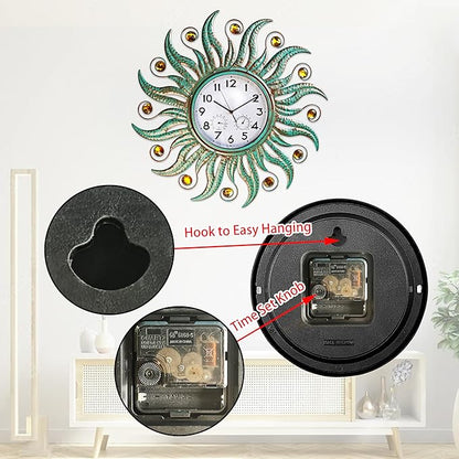 COOZZUHOUR 25 Inch Metal Sun Outdoor Shaped-Clock with Thermometer and Hygrometer Combo, Battery-Powered 10-inch Waterproof Dial and Silent Quartz Movement for Home Decorative Gifts(Cyan)