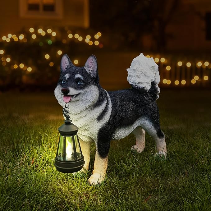 Solar Akita Garden Statue with Lantern & Double-Sided Sign - Outdoor Dog Decor for Yard, Patio, Porch - Resilient Resin Puppy Sculpture, Auto On/Off Solar Path Lights - Dog Memorial Gift