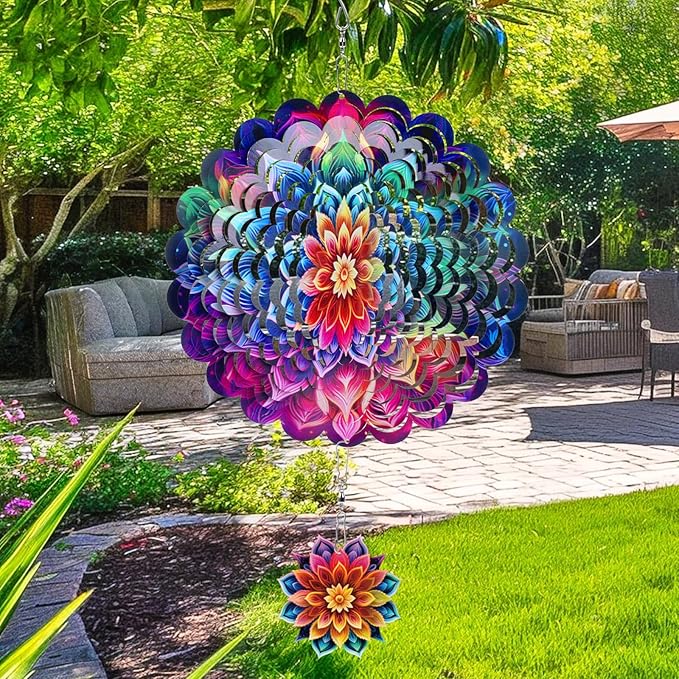 Rngmsi Mandala Wind Spinners Outdoor Garden Decor for Outside, 3D Metal Wind Spinner Hanging Decor Kinetic Art for Yard, 12 Inches Stainless Steel Hanging Mandala Gifts for Women