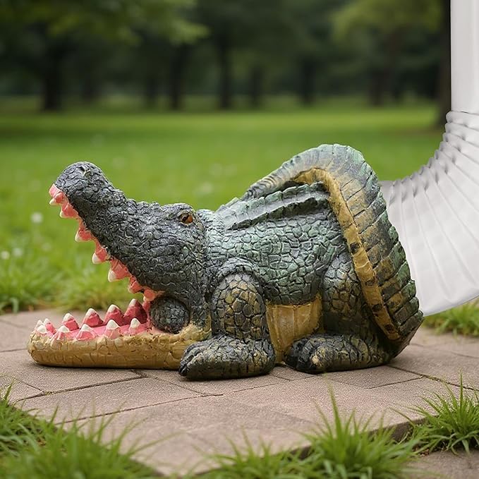Funny Crocodile Statue Gutter Downspout Extensions, Rain Gutter Downspout Splash Block Cover Sculpture Decorative, 3" × 4" Downspouts