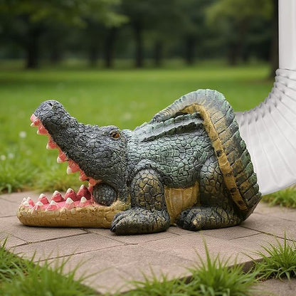 Funny Crocodile Statue Gutter Downspout Extensions, Rain Gutter Downspout Splash Block Cover Sculpture Decorative, 3" × 4" Downspouts