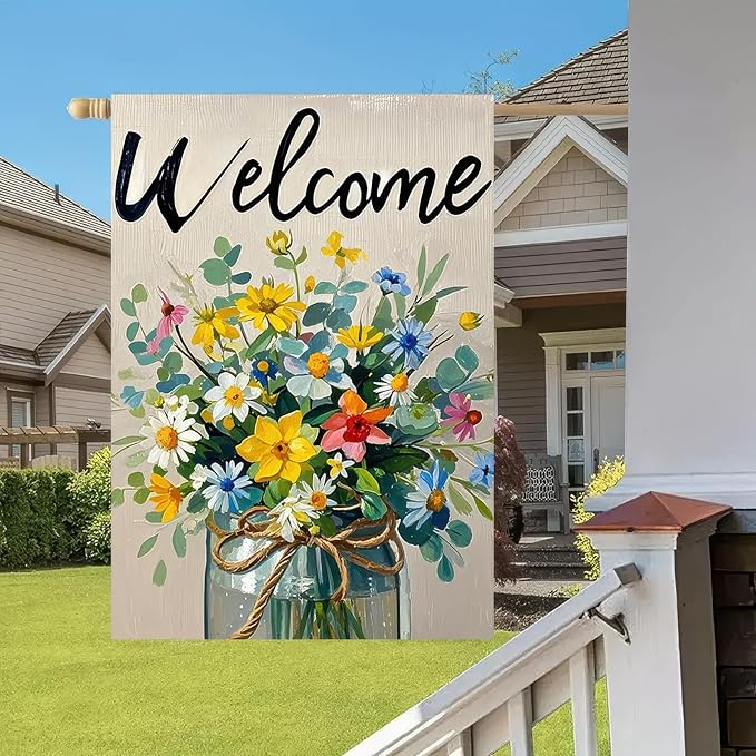 BlissYard Spring Garden Flag Double Sided 12x18 Inch Flowers Glass Barrel Seasonal Welcome Small Flags For Outside Outdoor Decor Yard Farmhouse Holiday Spring Summer Decorations Yard Flags