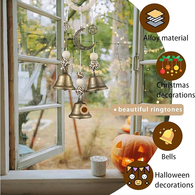 Witch Bells for Door Knob, Boho Hanger Wind Chimes Protection, Witchy Things Bell Strings with 3 Bells, Witchcraft Supplies Door Bell, Vintage Witch Decor for Home Room (Bronze-Colored)
