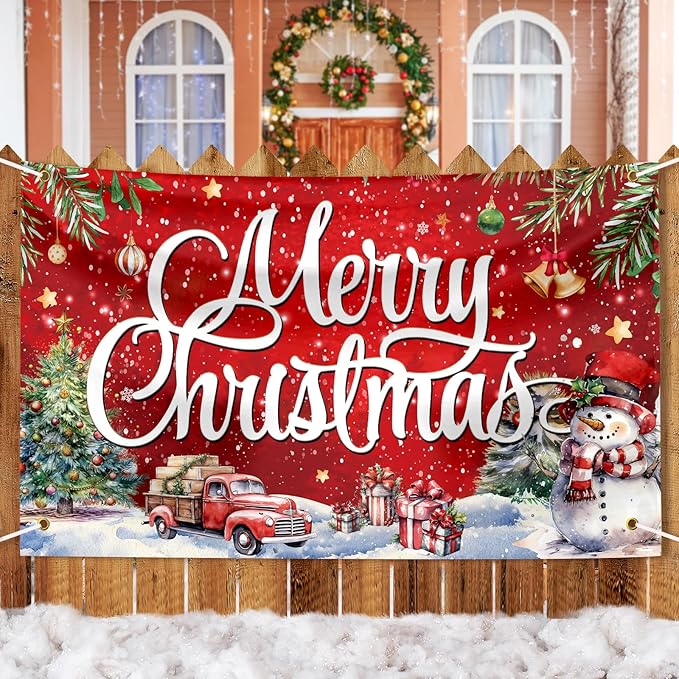 Large Christmas Banner Decorations Red Flag Outdoor 72x44 Inch, Merry Christmas Gifts for Indoor Home House Decor Party Supplies, Yard Sign Background for Photography