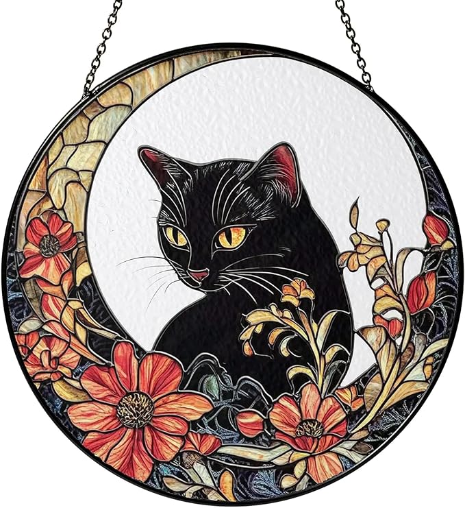 Black Cat Stained Glass Suncatcher, Cat Floral Window Hanging Decor, Memorial Pet Loss Sympathy Ornament, Home Garden Decor, Christmas, Birthday, for Grandma, Friends, Mom, Women