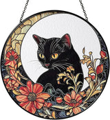 Black Cat Stained Glass Suncatcher, Cat Floral Window Hanging Decor, Memorial Pet Loss Sympathy Ornament, Home Garden Decor, Christmas, Birthday, for Grandma, Friends, Mom, Women