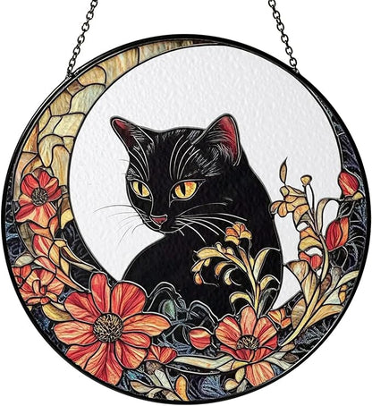 Black Cat Stained Glass Suncatcher, Cat Floral Window Hanging Decor, Memorial Pet Loss Sympathy Ornament, Home Garden Decor, Christmas, Birthday, for Grandma, Friends, Mom, Women