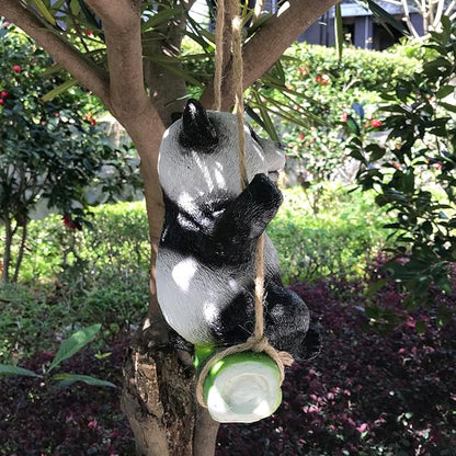 Cute Black and White Panda Swing on Bamboo Creative Statue for Garden Decoration