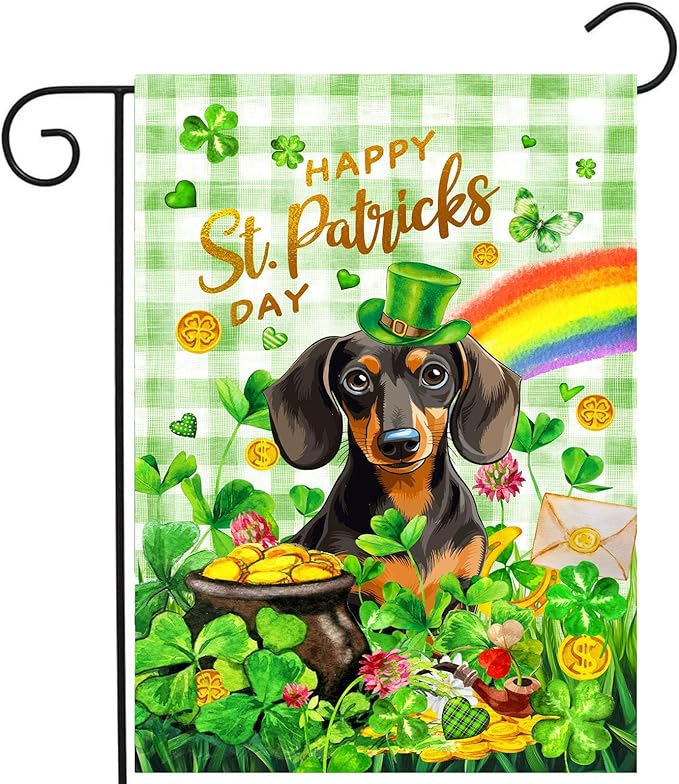 Dachshund St Patricks Day Garden Flag Dog St Patrick's Day Yard Flags for Outside 12x18 Double Sided Buffalo Plaid Shamrock Flag Small Outdoor Rainbow St Patrick's Decor