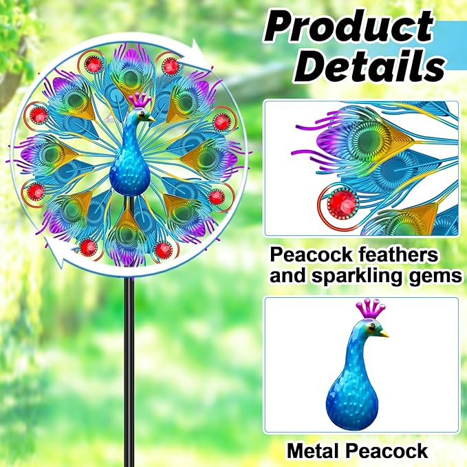 Metal Wind Spinners Outdoor for Garden Yard, 59" Kinetic Large Peacock Wind Spinner & Sculptures with Stable Metal Stake, Garden Windmill for Yard Lawn Patio Art Decor (Colorful)