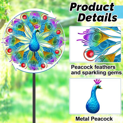 Metal Wind Spinners Outdoor for Garden Yard, 59" Kinetic Large Peacock Wind Spinner & Sculptures with Stable Metal Stake, Garden Windmill for Yard Lawn Patio Art Decor (Colorful)