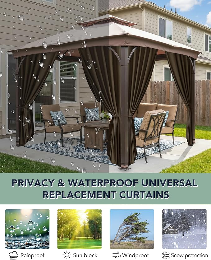 Gazebo Curtains Outdoor Waterproof - 12'Wx14'Lx7.9'H Windproof Patio Pergola Outside Sidewall Drapes with Zipper, 4 Panels Gazebo Universal Replacement Privacy Curtains, Brown