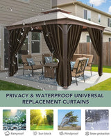 Gazebo Curtains Outdoor Waterproof - 12'Wx14'Lx7.9'H Windproof Patio Pergola Outside Sidewall Drapes with Zipper, 4 Panels Gazebo Universal Replacement Privacy Curtains, Brown