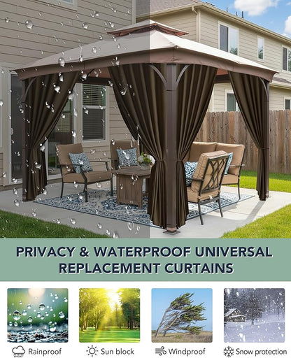 Gazebo Curtains Outdoor Waterproof - 12'Wx12'Lx7.9'H Windproof Patio Pergola Outside Sidewall Drapes with Zipper, 4 Panels Gazebo Universal Replacement Privacy Curtains, Brown