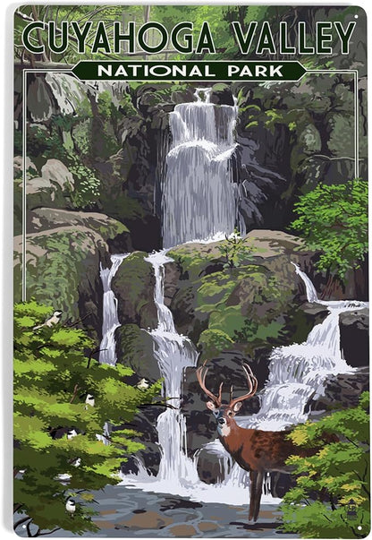 Lantern Press Cuyahoga Valley National Park, Ohio, Deer and Falls, 12x18 Inch Aluminum Sign, Indoor or Outdoor Use