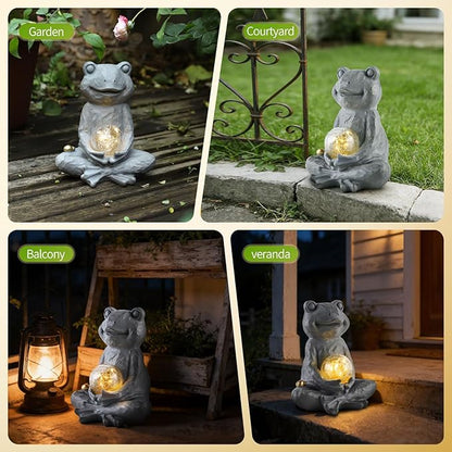 Zen Solar Frog Garden Statue with Crackle Glass Light, Meditation Outdoor Decor, Waterproof Solar Garden Accent, 8.7"