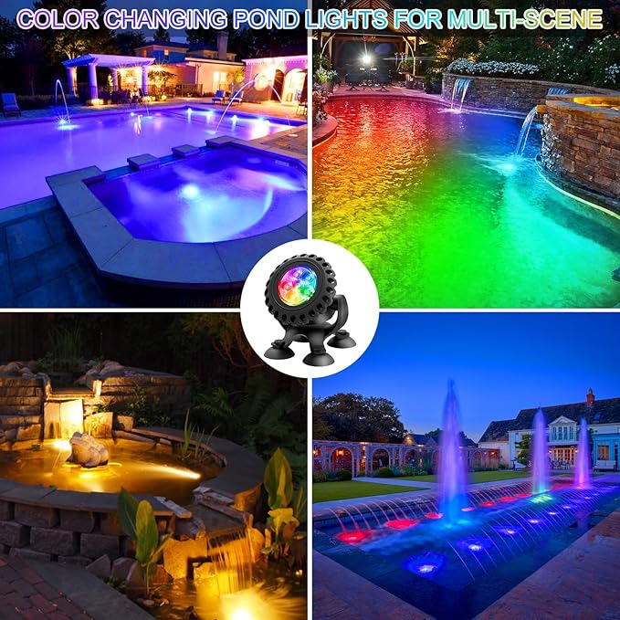 T-SUN Underwater LED Pond Lights – IP68 Waterproof Submersible Fountain Lights with App & Remote Control, 16M Colors Underwater Lighting for Koi Ponds/Garden Water Features Aquarium (4-Pack)