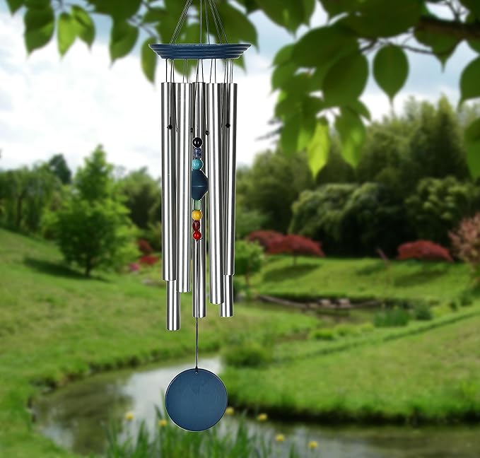 Woodstock Wind Chimes for Outside, Outdoor Decor, Outdoor and Patio Decor, Porch Decor, Meditation, Yoga Awareness Relaxation 24" Woodstock Chakra Chime Seven Stones Large Size Blue Wind Chime (CC7LB)