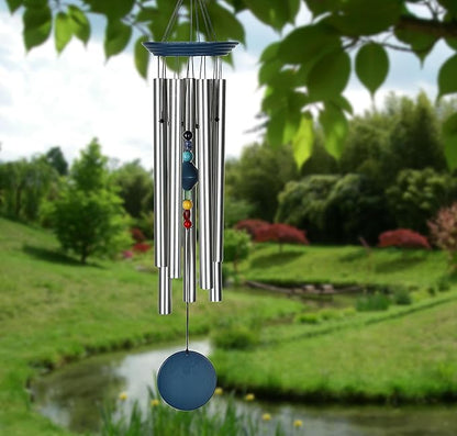 Woodstock Wind Chimes for Outside, Outdoor Decor, Outdoor and Patio Decor, Porch Decor, Meditation, Yoga Awareness Relaxation 24" Woodstock Chakra Chime Seven Stones Large Size Blue Wind Chime (CC7LB)