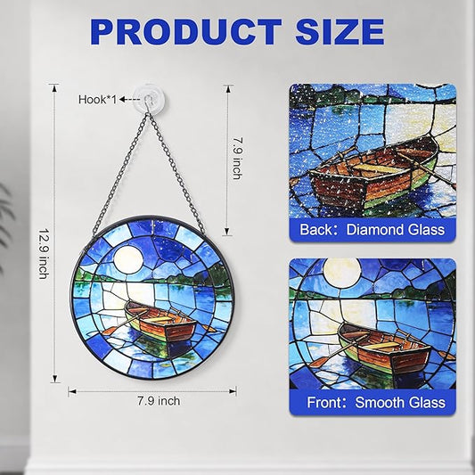 Hanging Stained Glass for Windows,20cm/7.87inch The Boat Beneath the Moon Stained Glass Suncatcher with Chain Garden Diamond Glass Panel Hangings Decoration for Family Friends Colleagues