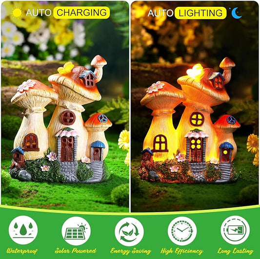 HyDren 100 Pcs Fairy House Garden Kit Accessories Miniatures Fairy Figures Gnomes Mushroom House Solar Light Resin Dwarfs Statue Micro Landscape Ornaments for DIY Yard Outdoor Dollhouse Decoration