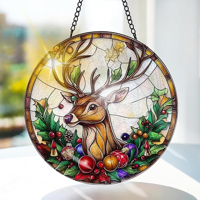 Bimkole Deer Stained Glass Suncatcher Window Hanging - Animal Indoor Window or Doorway Decoration - Handmade Sun Catcher Decor for Garden Home Christmas & Birthday Gifts 7.87x7.87 inch