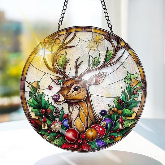 Bimkole Deer Stained Glass Suncatcher Window Hanging - Animal Indoor Window or Doorway Decoration - Handmade Sun Catcher Decor for Garden Home Christmas & Birthday Gifts 7.87x7.87 inch
