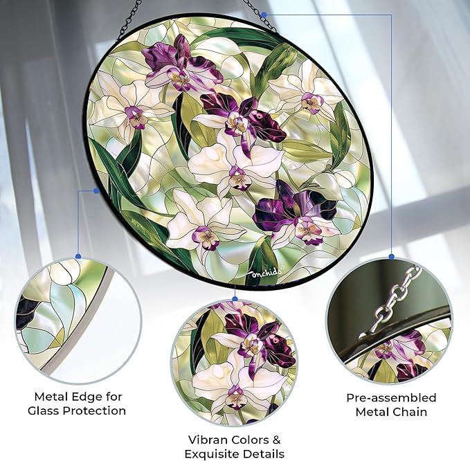 Orchids Stained Glass Window Hangings, Handcrafted Stained Glass Suncatchers, Gift for Cat Lovers Nature Lovers 12”x12” Mothers Day