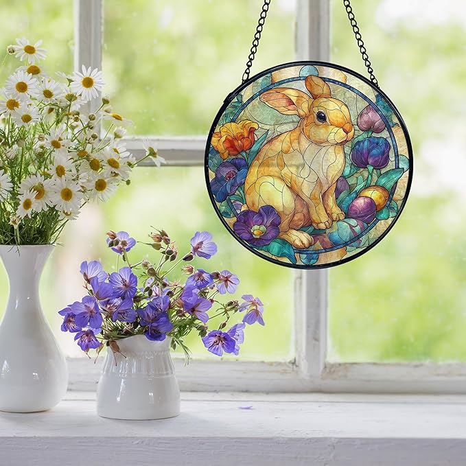 Easter Bunny Suncatcher Stained Glass Window Hanging, Bunny Rabbit Flower Sun Catchers Indoor Window Glass Wall Art Decor, Easter Wall Hanging Decor Decorations, 7.9x7.9 Inch