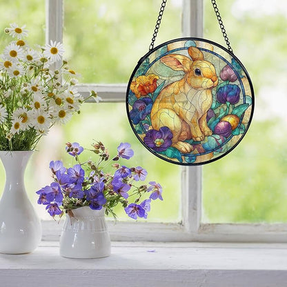 Easter Bunny Suncatcher Stained Glass Window Hanging, Bunny Rabbit Flower Sun Catchers Indoor Window Glass Wall Art Decor, Easter Wall Hanging Decor Decorations, 7.9x7.9 Inch