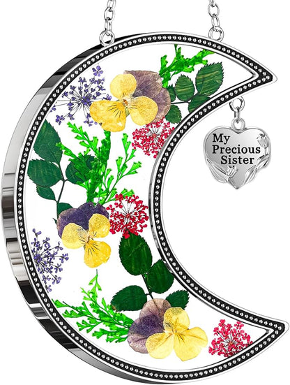 KY&BOSAM Hanging Ornament, My Precious Sister Suncatcher with Pressed Flower, Silver Heart Charm - Mother’s Day, Birthday, Christmas Gift