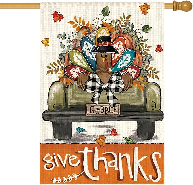 AVOIN colorlife Give Thanks Thanksgiving House Flag 28x40 Inch Double Sided Outside, Gobble Turkey Truck Rustic Yard Outdoor Flag