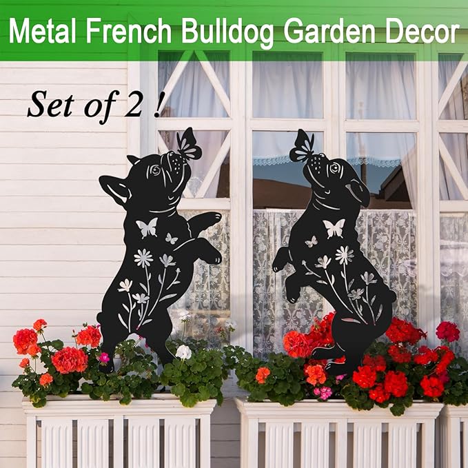 Metal French Bulldog Garden Decor for Outside,Black Dog Silhouette Decorative Yard Art for Outdoor Stakes,Lawn,Pathway,Gifts for Dog Lovers