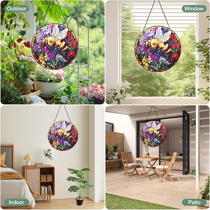 Bee and Flowers Stained Glass Window Hanging Suncatcher with Chain - 7.9" Outdoor/Indoor Art Decor for Home Garden, Wedding, Mother's, Thanksgiving, Valentine's & Christmas Ornaments Present