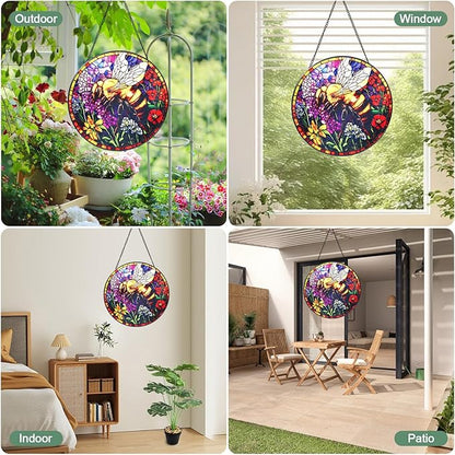 Bee and Flowers Stained Glass Window Hanging Suncatcher with Chain - 7.9" Outdoor/Indoor Art Decor for Home Garden, Wedding, Mother's, Thanksgiving, Valentine's & Christmas Ornaments Present