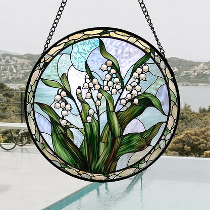Stained Glass Window Hanging, White Green Lily of the Walley Flowers Sun Catcher for Door Home Decor Plants Suncatcher Christmas Mother's Day Birthday Gifts for Women Men Mom Nana 11.8 in