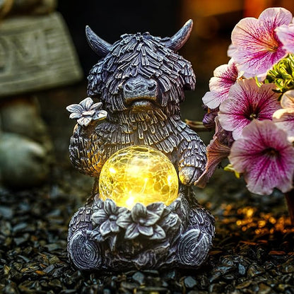 Gray Highland Cow Garden Statue with Solar Crackle Globe Light - Whimsical Resin Figurine for Outdoor Patio, Lawn, Yard Decor, Unique Birthday & Housewarming Gift for Women, Mom, Friends