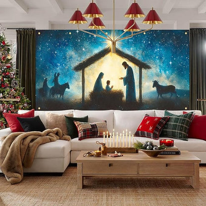 HOMETITUTE Christmas Garage Door Banner 13x6ft Holy Nativity Theme Backdrop Holiday Seasonal Decor Winter Door Cover Banners for Outside Garage Wall Covering for Party Garage Decorations