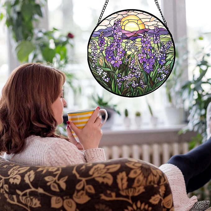 Stained Glass Window Hanging - Purple Lavender Suncatcher for Door Terrace Garden Home Decor Plant Flowers Landscape Sun Catcher Birthday Gifts for Lovers Women Men Dad Mom Nana 11.8 in