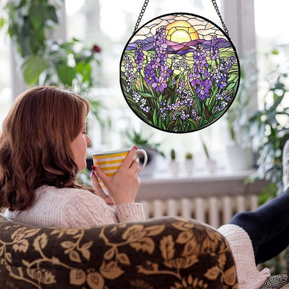 Stained Glass Window Hanging - Purple Lavender Suncatcher for Door Terrace Garden Home Decor Plant Flowers Landscape Sun Catcher Birthday Gifts for Lovers Women Men Dad Mom Nana 11.8 in