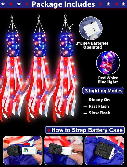 3 Pack 40" American Flag Windsock with Lights 4th of July Decorations, 250th Anniversary USA Red White Blue Star Stripes Patriotic Windsock Memorial Day Independence Day Fourth of July Outdoor Decor